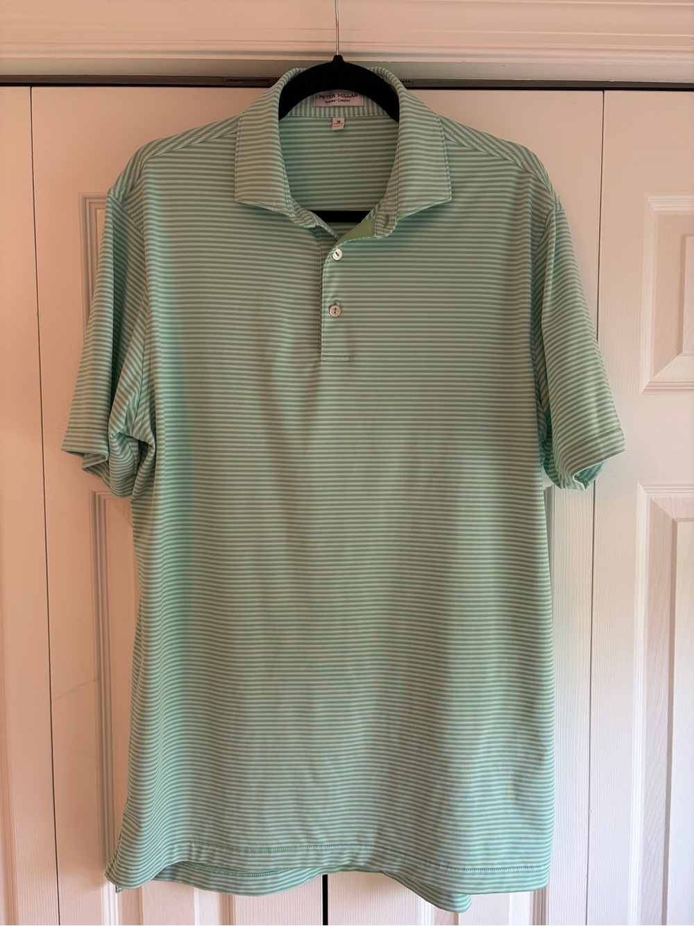 Peter Millar Summer Comfort Green & White Stripe Performance Polo | Medium
